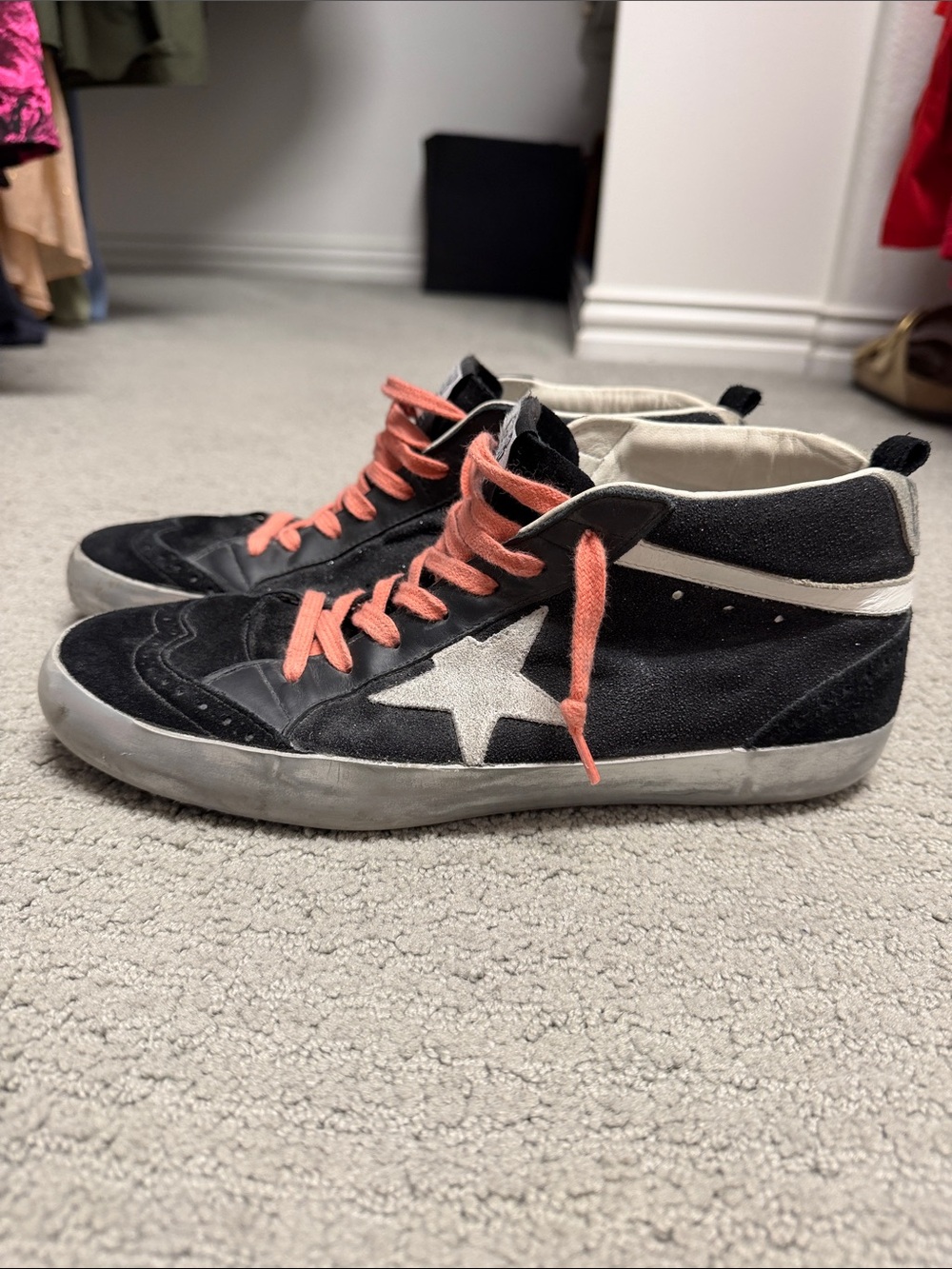 Golden Goose Black High-Top Sneakers with Pink Laces and White Star